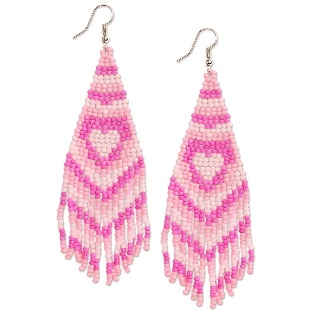 Heart Boho Seed Bead Tassel Dangling Statement French Wire Hook Earrings